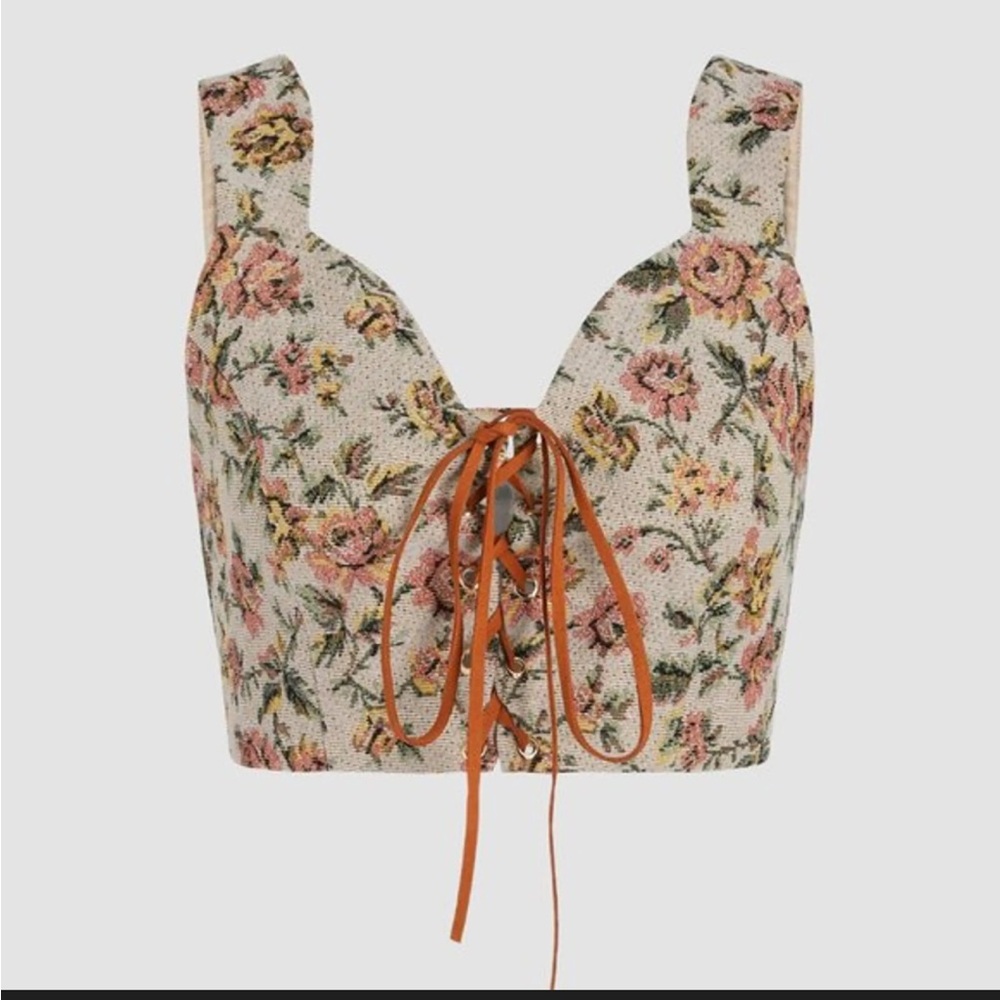 Cider Floral Lace-Up Cropped Tank in Cream with Pink & Green Accents